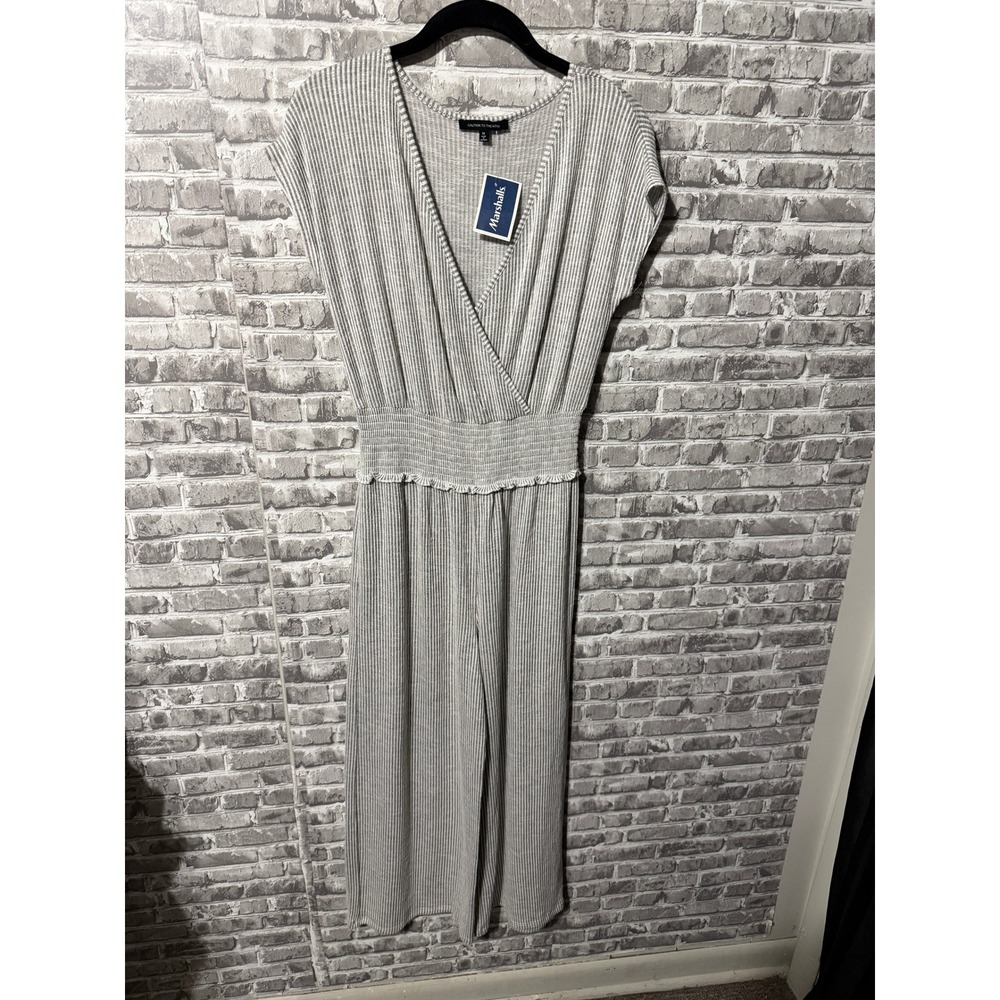 Caution To The Wind Gray Striped Ribbed V-Neck Smocked Jumpsuit‎ Womens